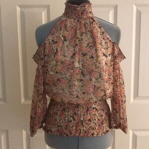New 1 State Floral Cold Shoulder Blouse Ruched Neckline Waist Pink Ivory Green M
